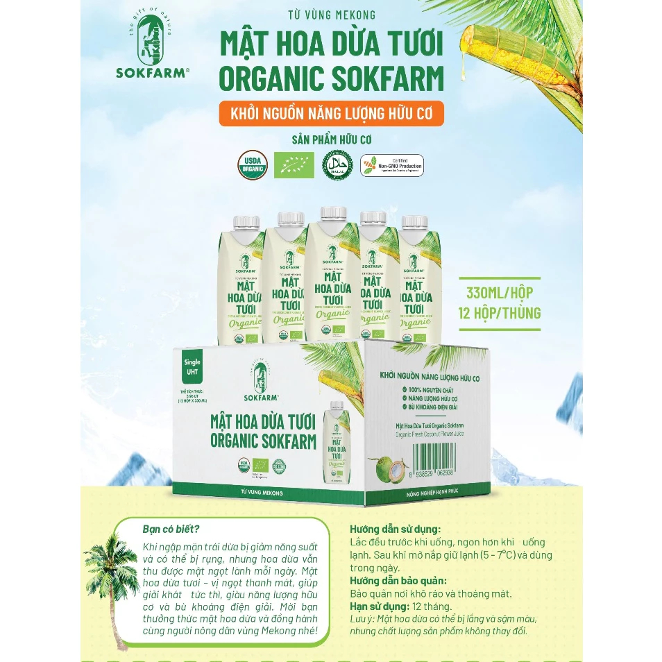 Mật hoa dừa tươi Organic Sokfarm 330ml [Combo 6 Hộp Giấy/1 thùng] Tiệt Trùng UHT Bù Khoáng Điện Giải