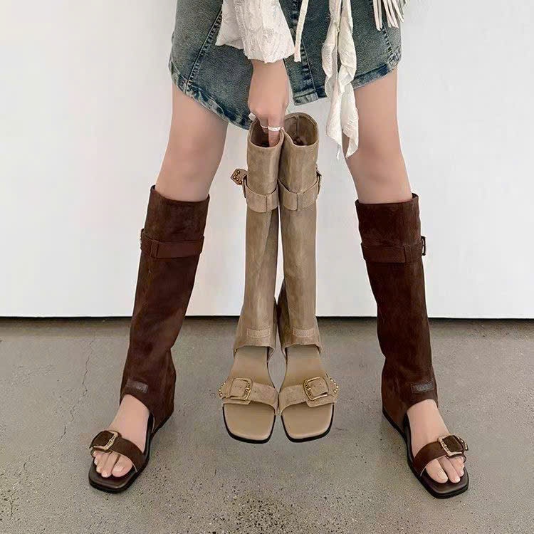 (Sẵn nâu 38) Giày Sandal Nữ Jia Bujia Kiểu Hàn Quốc, Bốt Cao Cổ Thời Trang Retro Giúp Tăng Chiều Cao