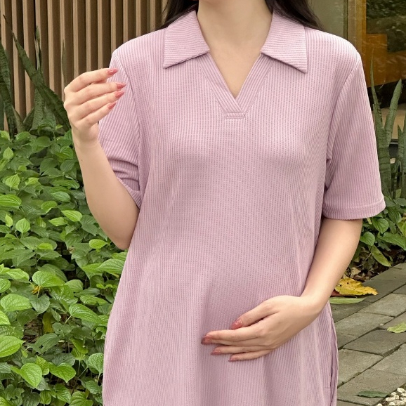 Đầm bầu đẹp, váy bầu dáng suông RIKA DRESS, váy bầu cổ polo, chất cotton gạo co dãn 4 chiều thiết kế bới L'amme