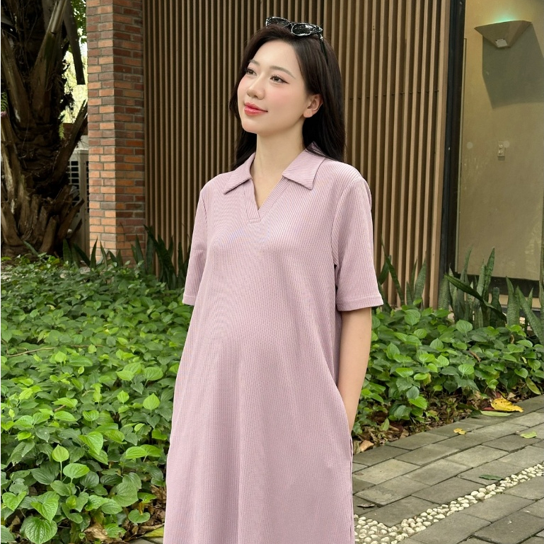Đầm bầu đẹp, váy bầu dáng suông RIKA DRESS, váy bầu cổ polo, chất cotton gạo co dãn 4 chiều thiết kế bới L'amme