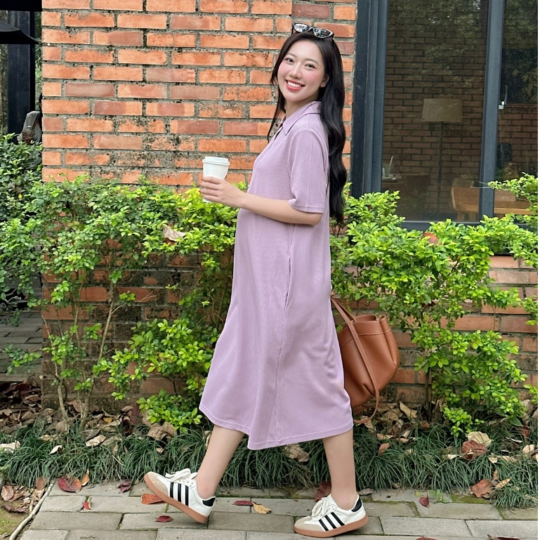 Đầm bầu đẹp, váy bầu dáng suông RIKA DRESS, váy bầu cổ polo, chất cotton gạo co dãn 4 chiều thiết kế bới L'amme