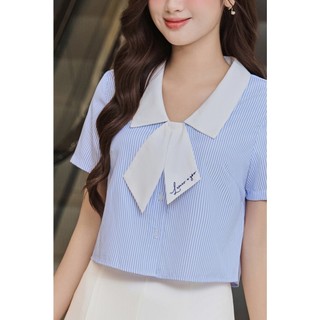 Áo Kiểu Nữ Sơ Mi LAMER FASHION Dáng Croptop Phối Cổ Nơ Kẻ Sọc Xanh Dương Công Sở O61H24H021