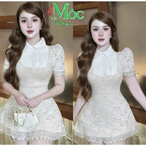 Đầm váy ngắn, đầm dự tiệc thiết kế đẹp Ren 2 lớp sơ mi cổ bẻ gấp bản nhỏ đính tag nơ kèm quần