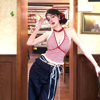 Áo yếm croptop caro phối ren | buộc nơ hở lưng | mặc đi biển cực xinh