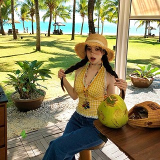 Áo yếm croptop caro phối ren | buộc nơ hở lưng | mặc đi biển cực xinh