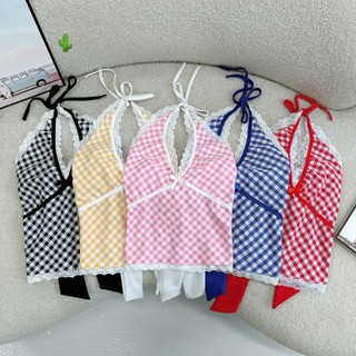 Áo yếm croptop caro phối ren | buộc nơ hở lưng | mặc đi biển cực xinh