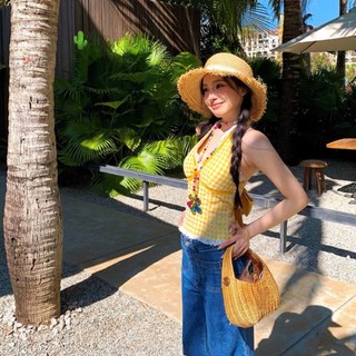 Áo yếm croptop caro phối ren | buộc nơ hở lưng | mặc đi biển cực xinh