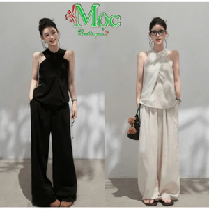QC_ Set công sở,set áo chéo có dây kéo Tuyết Mưa phối quần dài suông cổ chéo sang trọng