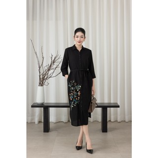 SWANLAKE | Váy Đầm Nữ Suông Vải Linen Thêu Hoa Cổ Sơ Mi Cài Nút Tay Lỡ Dây Thắt Eo Công Sở D13577