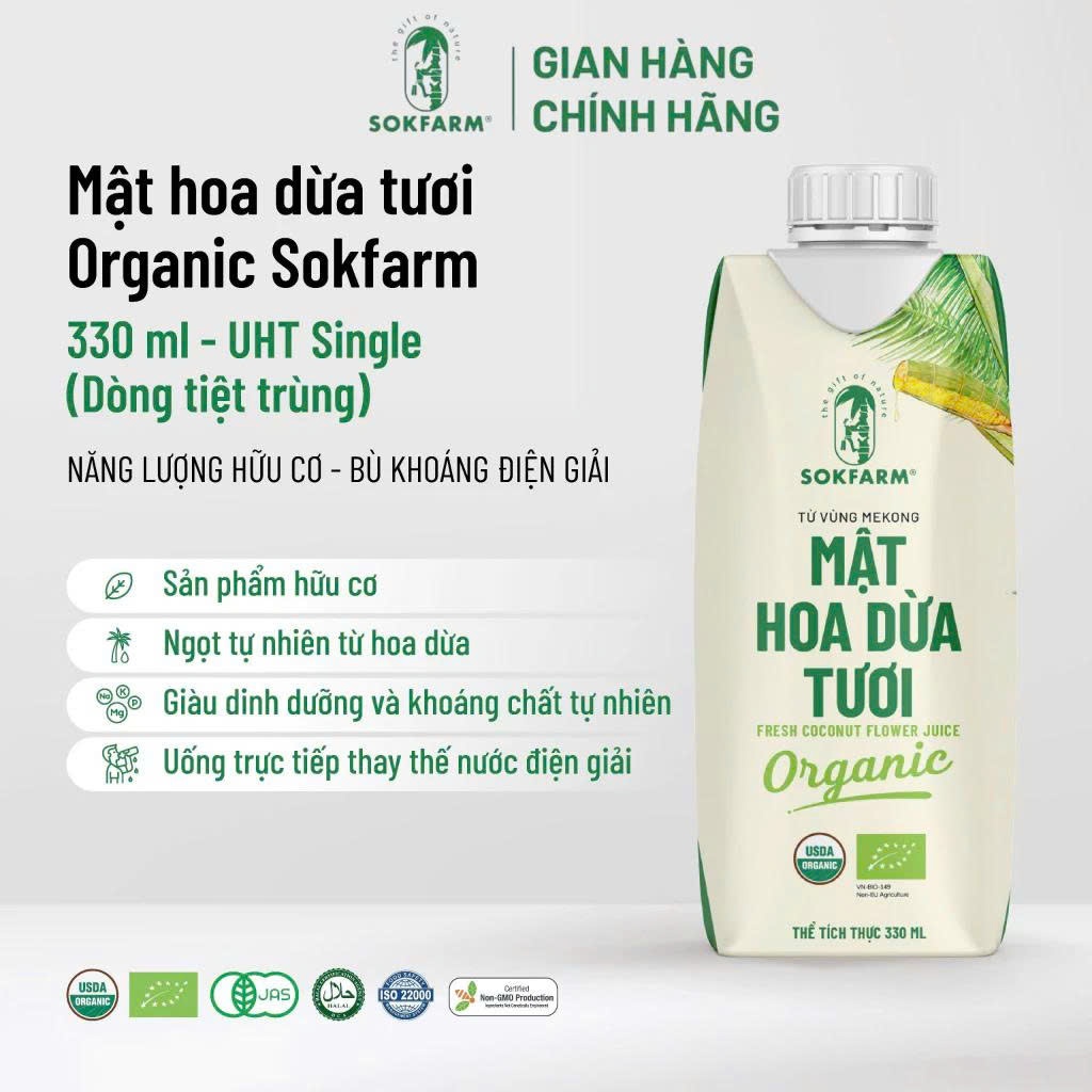 Mật hoa dừa tươi Organic Sokfarm 330ml [Combo 6 Hộp Giấy/1 thùng] Tiệt Trùng UHT Bù Khoáng Điện Giải