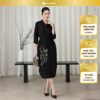 SWANLAKE | Váy Đầm Nữ Suông Vải Linen Thêu Hoa Cổ Sơ Mi Cài Nút Tay Lỡ Dây Thắt Eo Công Sở D13577