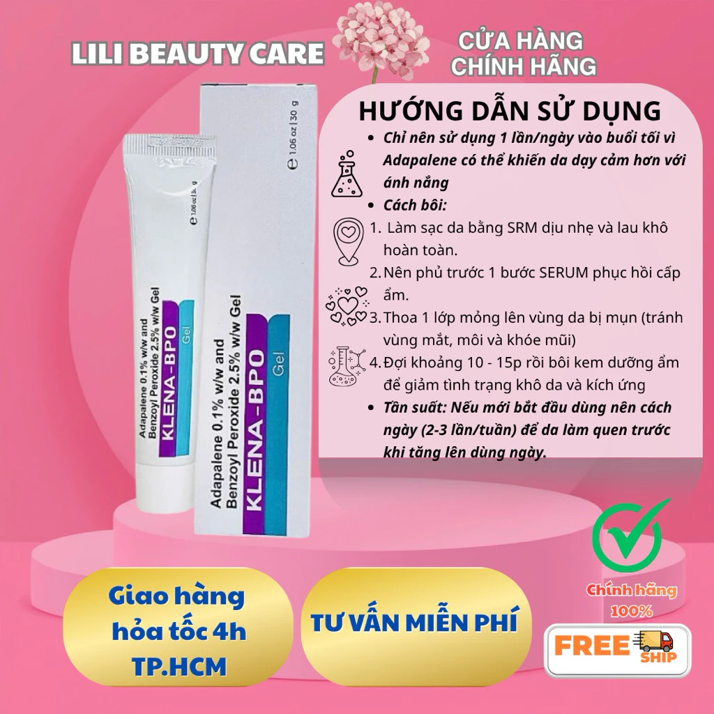 Giảm Mụn Klena BPO Adapalene 0.1% and Benzoyl Peroxide 2.5% 30gram giảm mụn ẩn mờ thâm, mụn trứng cá