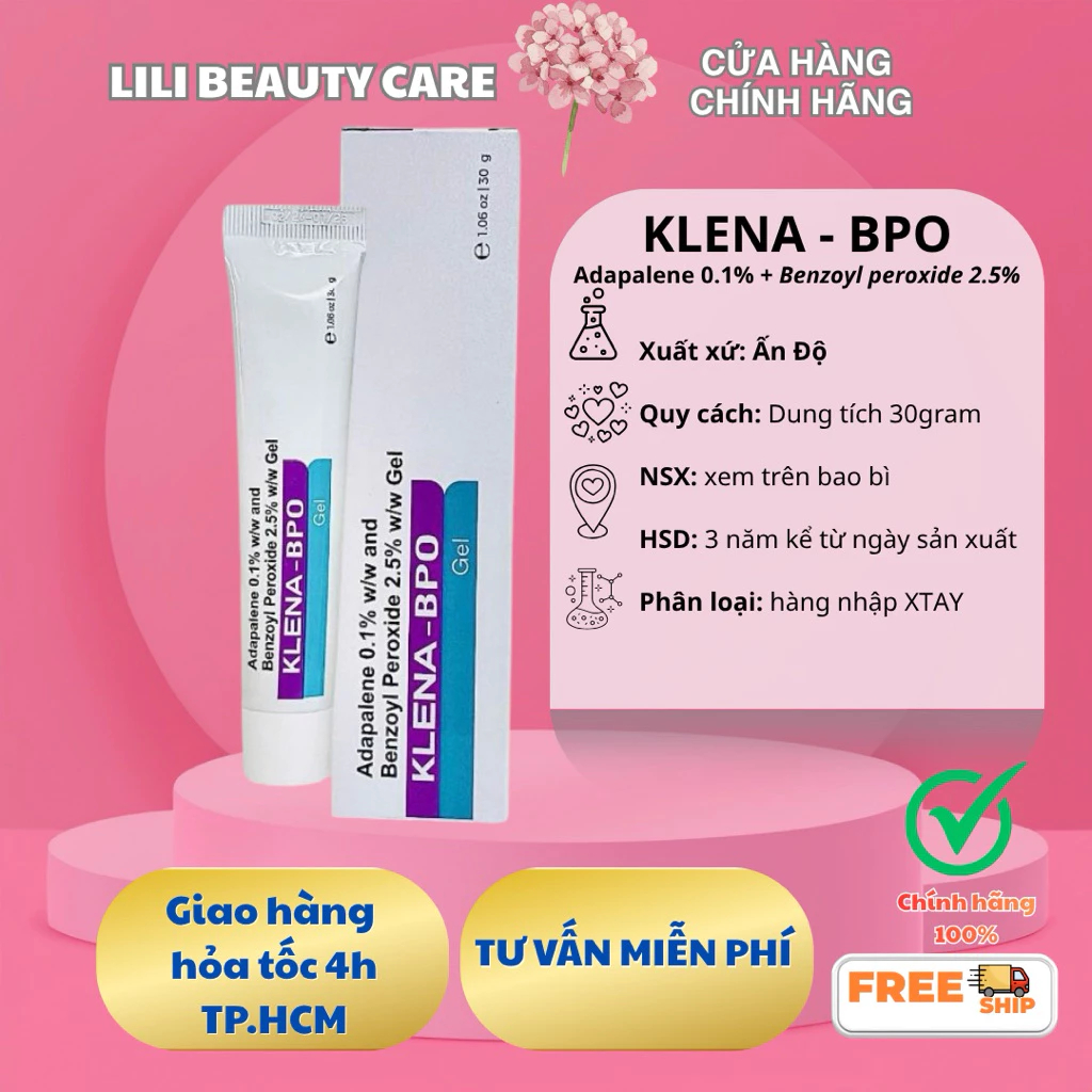 Giảm Mụn Klena BPO Adapalene 0.1% and Benzoyl Peroxide 2.5% 30gram giảm mụn ẩn mờ thâm, mụn trứng cá