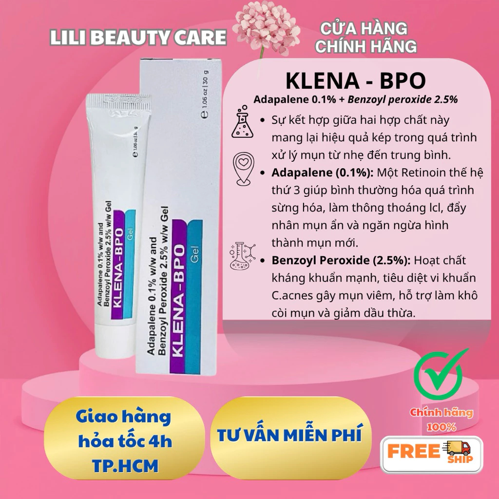 Giảm Mụn Klena BPO Adapalene 0.1% and Benzoyl Peroxide 2.5% 30gram giảm mụn ẩn mờ thâm, mụn trứng cá