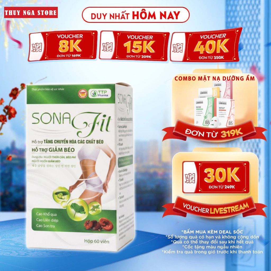 Viên uống giảm cân cấp tốc Sona Fit - Slimly Calysa Chitosan Trà Xanh hộp 60 viên