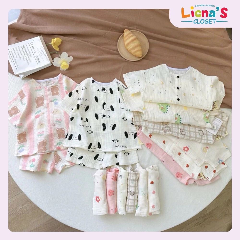 Bộ Xô Hàn Muslin Cộc Tay Cho Bé Trai/ Bé Gái, Cài Cúc Thoáng Mát, Mềm Mịn Liena’S Closet