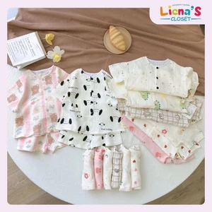 Bộ Xô Hàn Muslin Cộc Tay Cho Bé Trai/ Bé Gái, Cài Cúc Thoáng Mát, Mềm Mịn Liena’S Closet