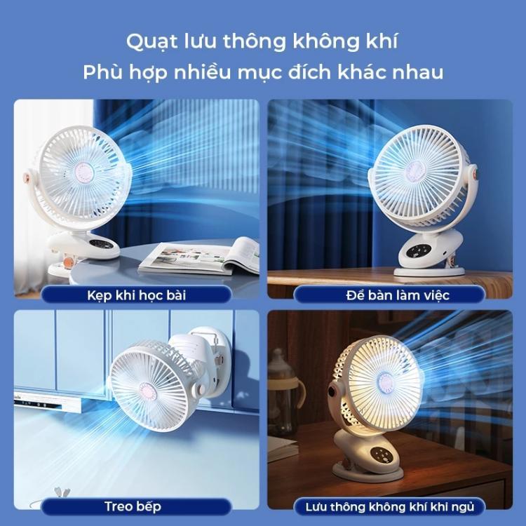 Quạt tích điên thông minh 5 chế độ gió quạt kẹp quạt treo đa chức năng-dung lượng pin 12.000mAH