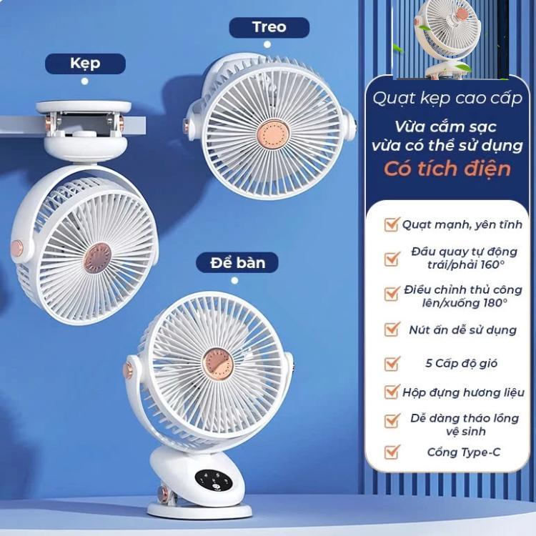 Quạt tích điên thông minh 5 chế độ gió quạt kẹp quạt treo đa chức năng-dung lượng pin 12.000mAH