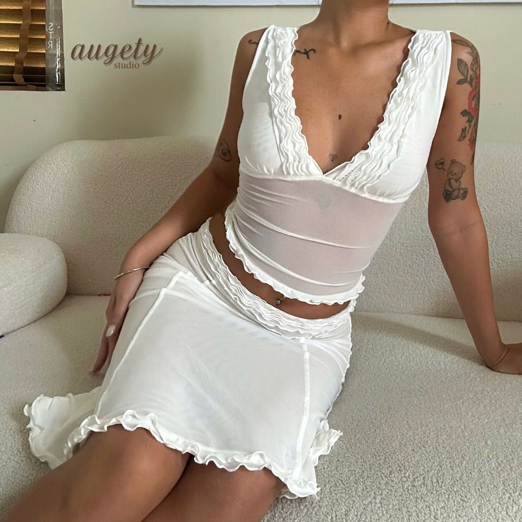 [MUA KÈM CHÂN VÁY GIẢM 30K] Áo Ba Lỗ Lưới Cổ V Nhún Bèo 2 Lớp Lót Ngực Augety Studio, NIKAI Mesh Top