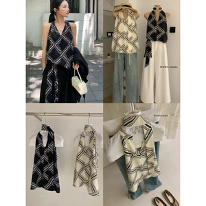 WGWE |Set Áo sát nách hoạ tiết cổ V + Kèm khăn dáng suông,vải linen siêu mát – W9293#
