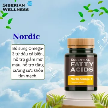 Thực phẩm Siberian Wellness Nordic Omega-3, thực phẩm bổ sung omega-3 cho sức khỏe, chai 60 viên."