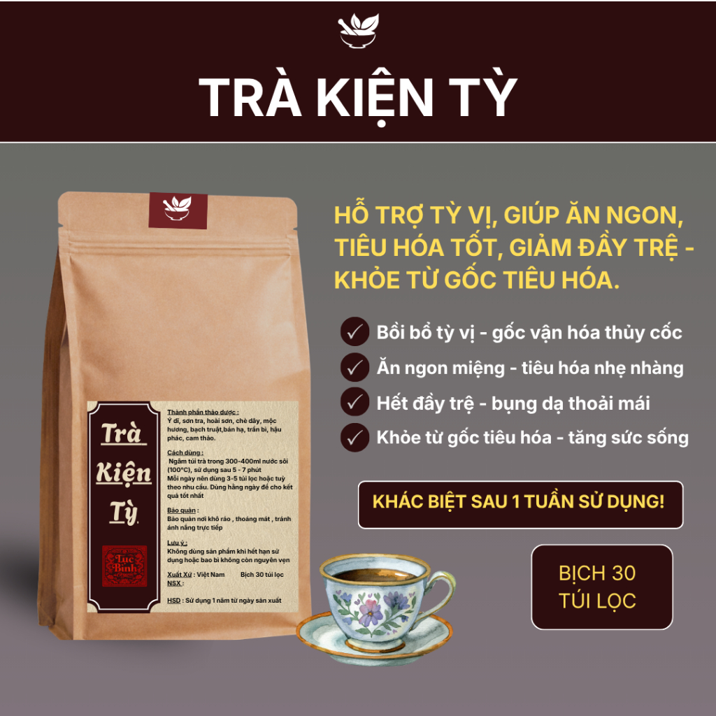 Trà Kiện Tỳ Vận Hóa Tốt -  Cải Thiện Đầy Hơi Khó Tiêu, Ăn Uống Dễ Chịu, Tăng Khả Năng Hấp Thu, Giữ Dáng Cân Đối Tự Nhiên