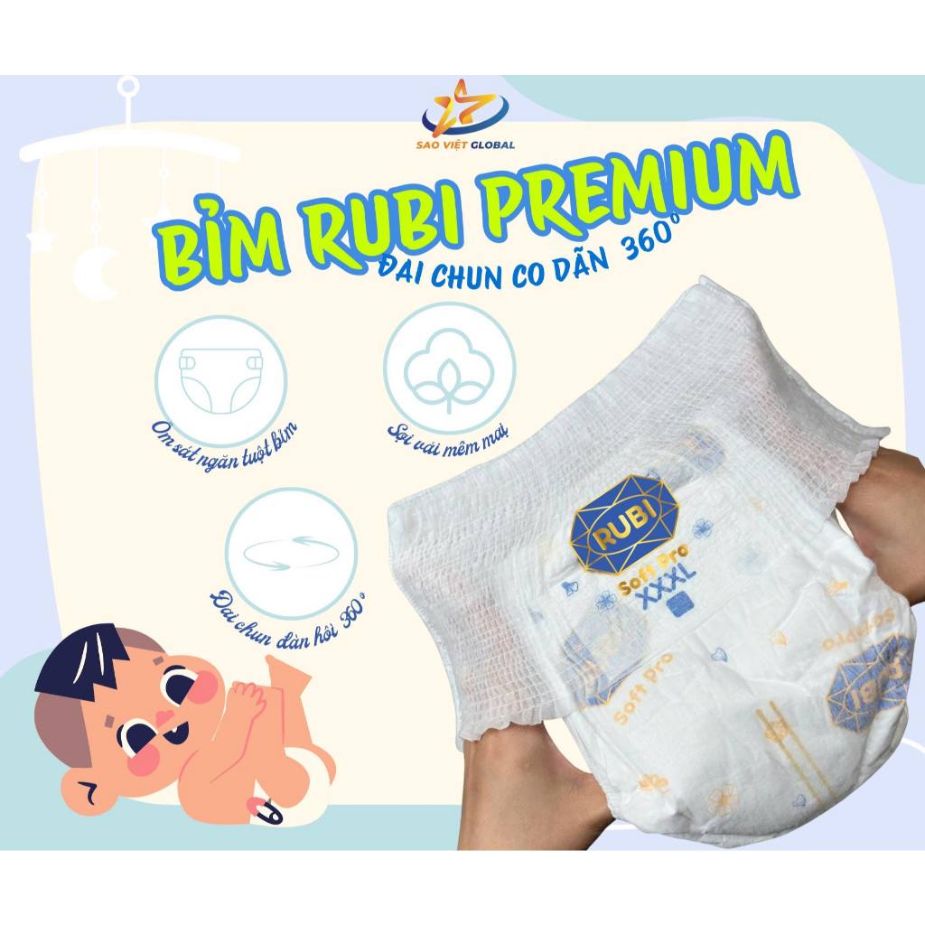 Tã Bỉm Quần Cho Bé Rubi Premium 50 miếng  Size XL - TẶNG 1 BỊCH KHĂN GIẤY 120 TỜ