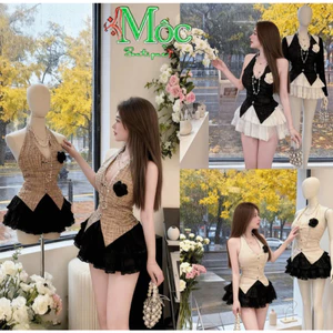MK_ Set váy ngắn, set đi chơi Hottrend thiết kế áo Dạ cổ yếm vạt nhọn xẻ cài bông kèm váy tầng ngắn