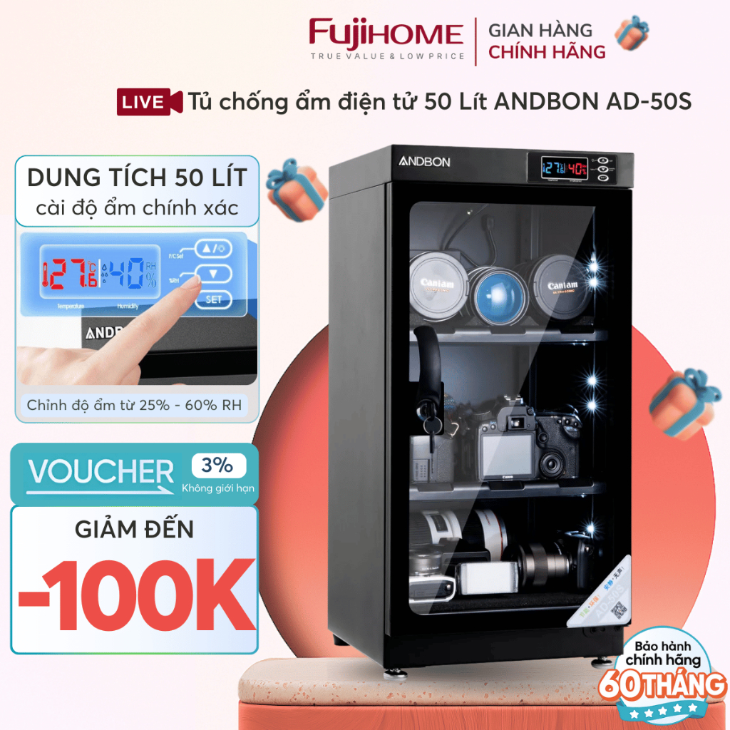 Tủ bảo quản chống ẩm máy ảnh ống kính AD-50S ANDBON, Tủ hút ẩm đồng hồ kỹ thuật số có khóa