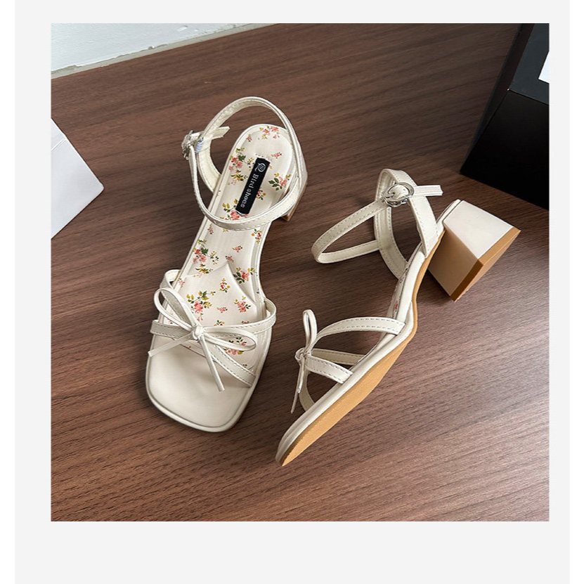 HÀNG CAO CẤP - Giày Sandal Nữ Mũi Vuông Quai Nơ Thanh Lịch Lót Hoa Nhí Vintage