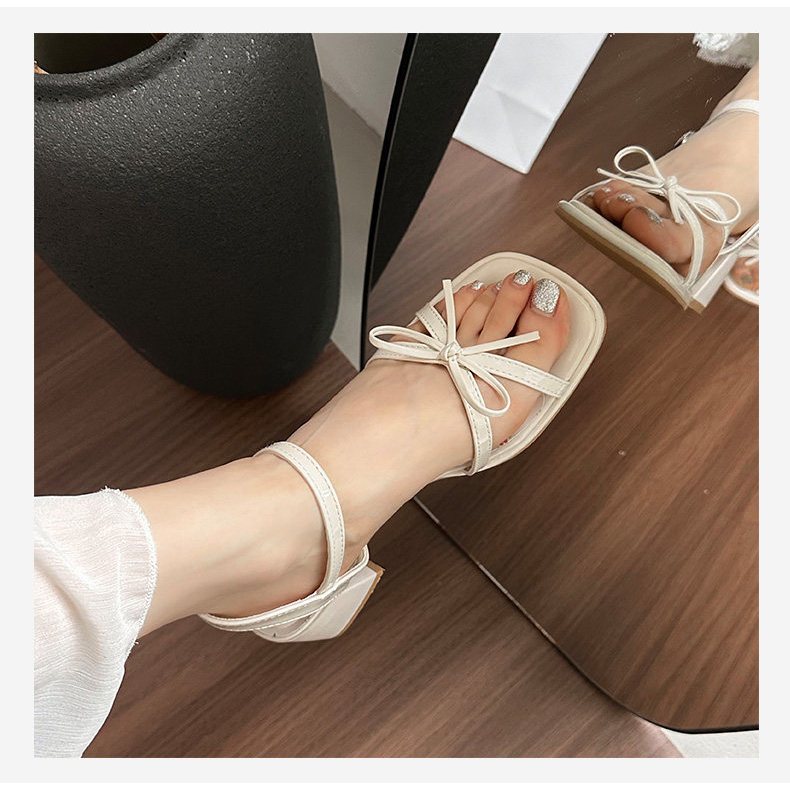 HÀNG CAO CẤP - Giày Sandal Nữ Mũi Vuông Quai Nơ Thanh Lịch Lót Hoa Nhí Vintage