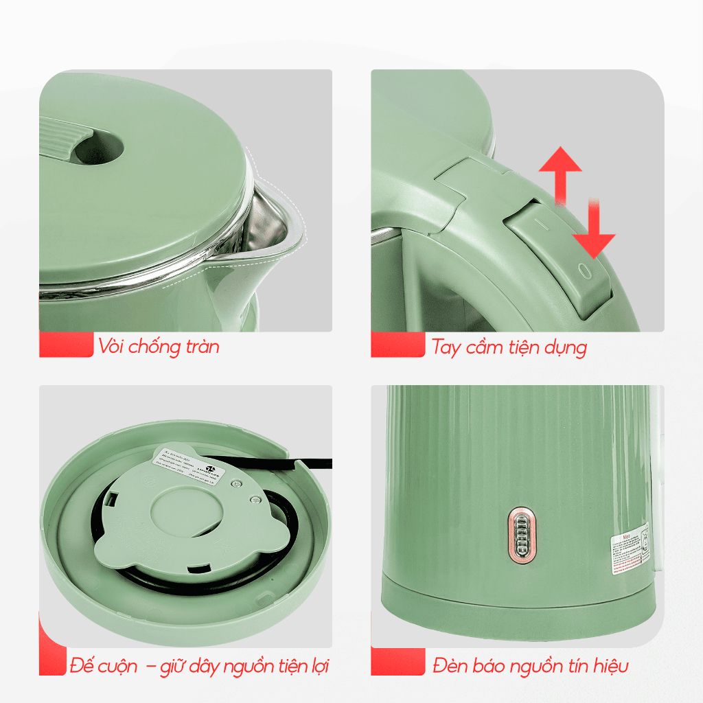 Ấm Đun Siêu Tốc 1.7L LUHAN LIFE, Bình Đun Nước Siêu Tốc 2 Lớp Cách Nhiệt Chống Bỏng Tự Ngắt An Toàn