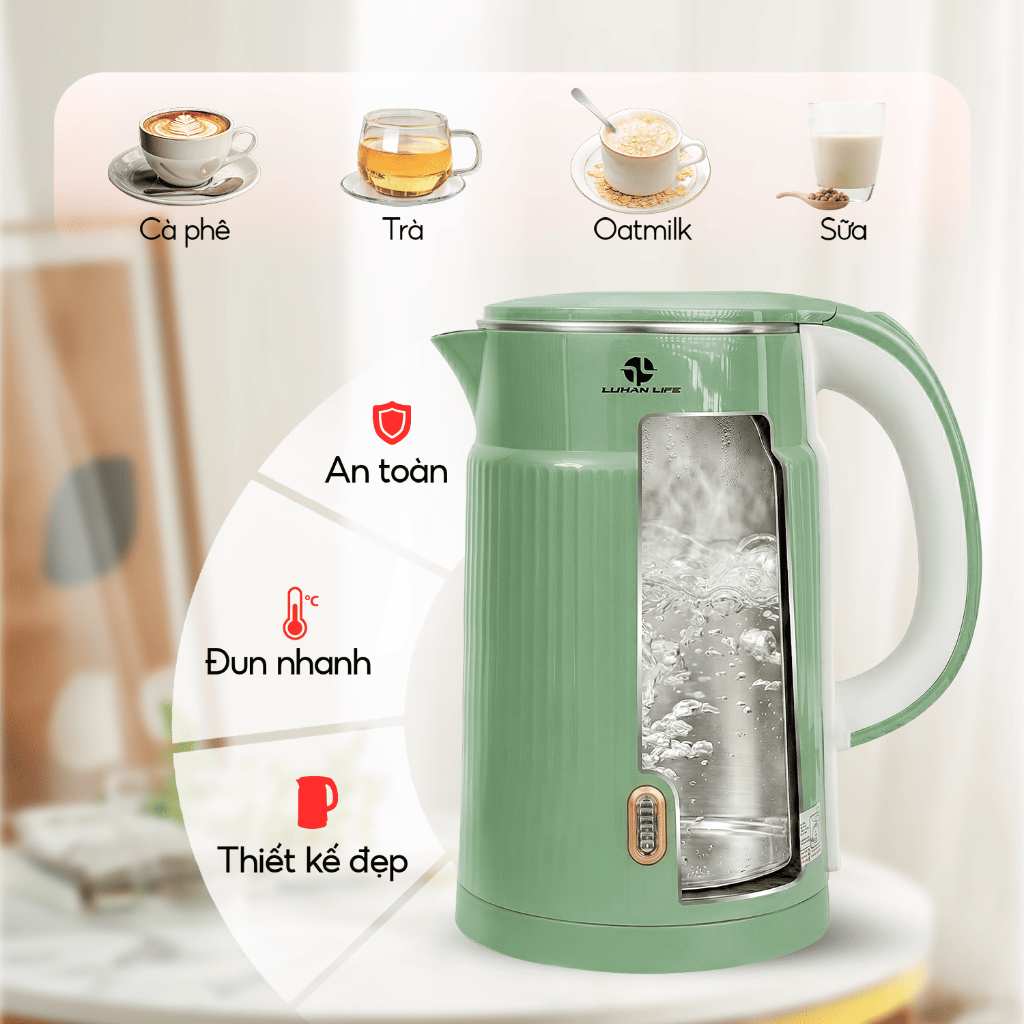 Ấm Đun Siêu Tốc 1.7L LUHAN LIFE, Bình Đun Nước Siêu Tốc 2 Lớp Cách Nhiệt Chống Bỏng Tự Ngắt An Toàn