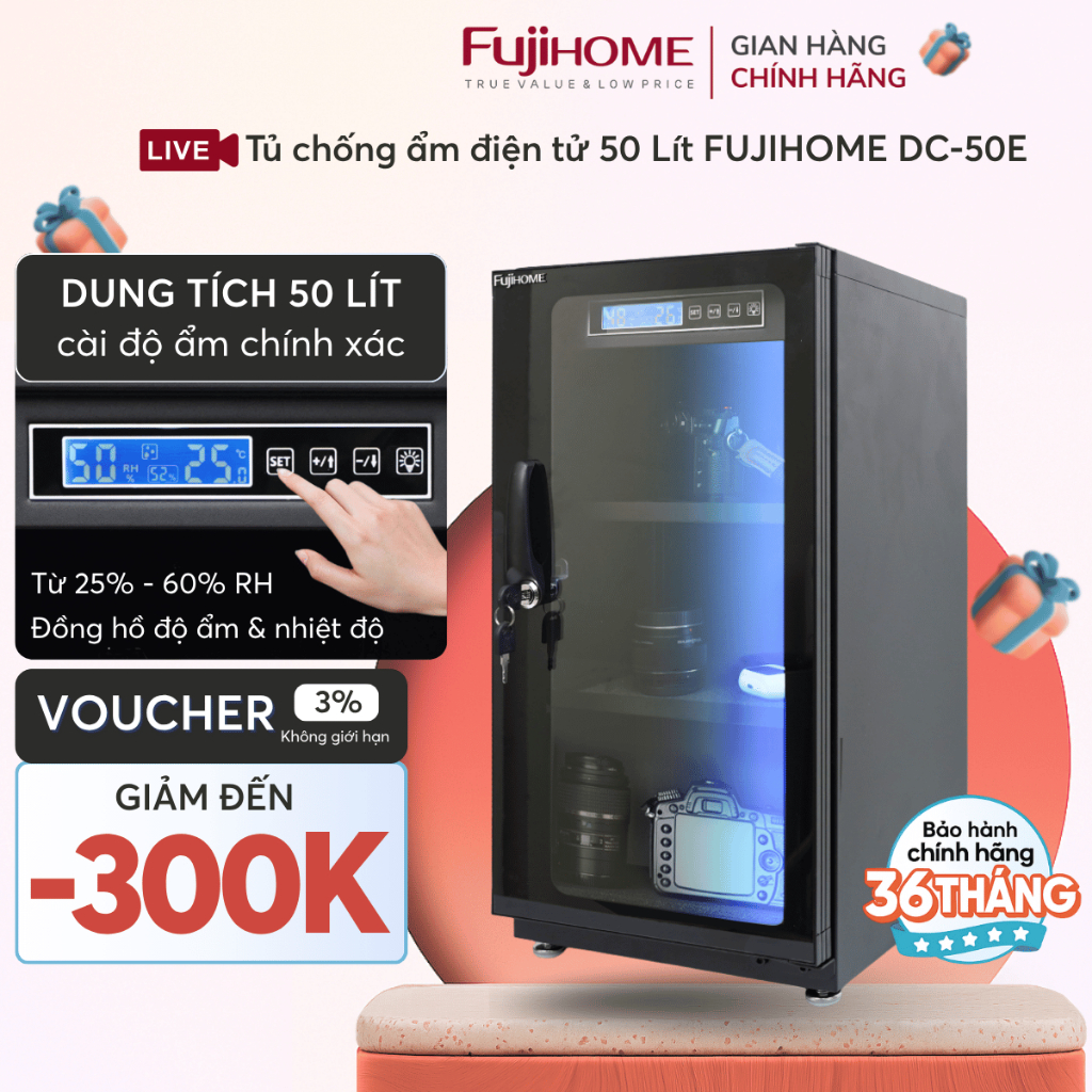 Tủ chống ẩm nhập khẩu FUJIHOME 50L DC-50E, Tủ hút ẩm máy ảnh ống kính điện tử - màn hình led có đèn