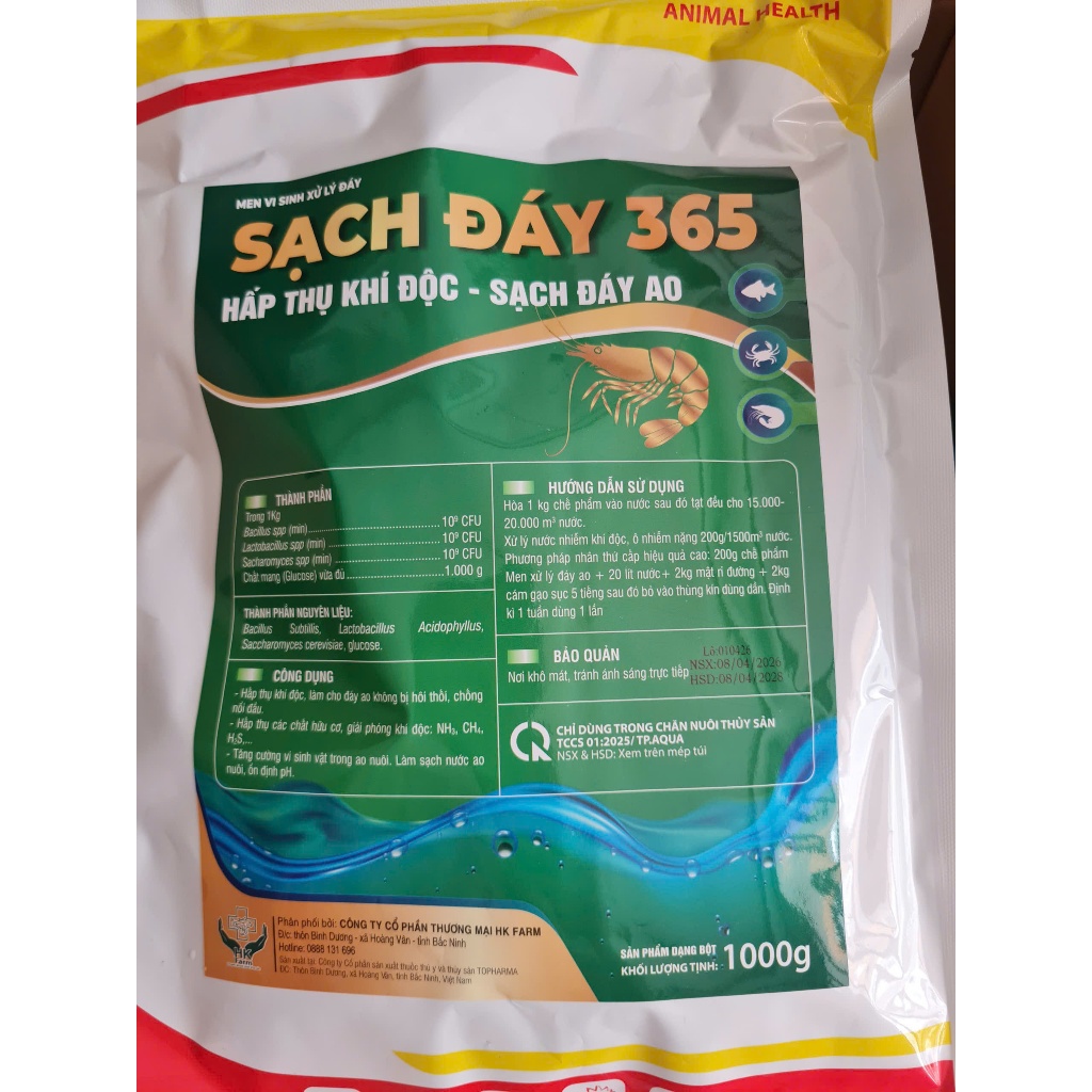 Men vi sinh xử lý đáy 365 của HK Farm giúp sạch khí độc, nước trong giúp tôm cá nhanh lớn