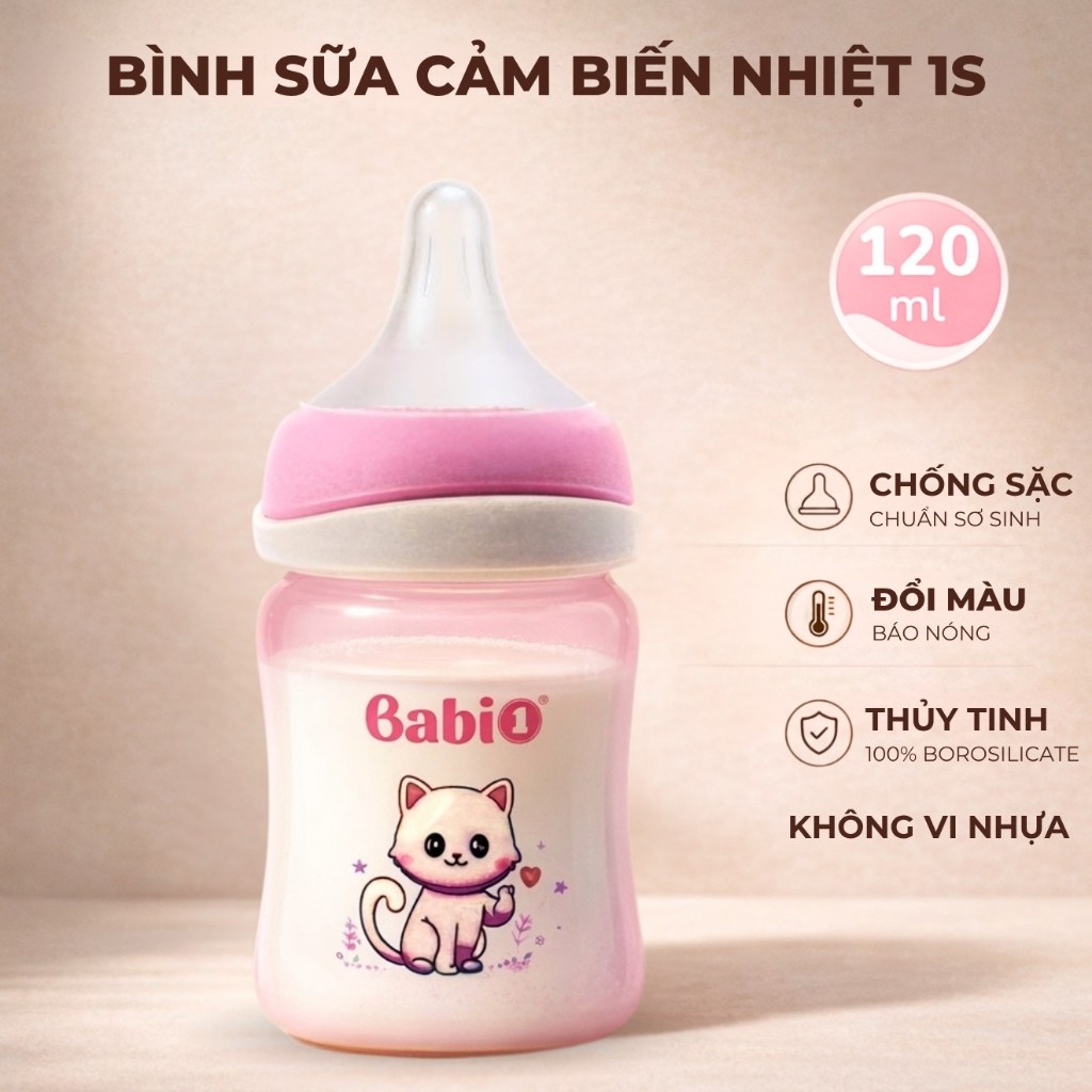 Bình Sữa Thủy Tinh Babi1 120ml Cảm Biến Nhiệt Chống Sặc Cho Bé Sơ Sinh - Phiên Bản 2026 (Chống Vỡ)