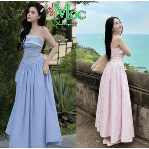 QC_Đầm váy dài, đầm thiết kế đi biển 2 dây Poly sọc phối Ren chạy mocking phía sau dáng dài