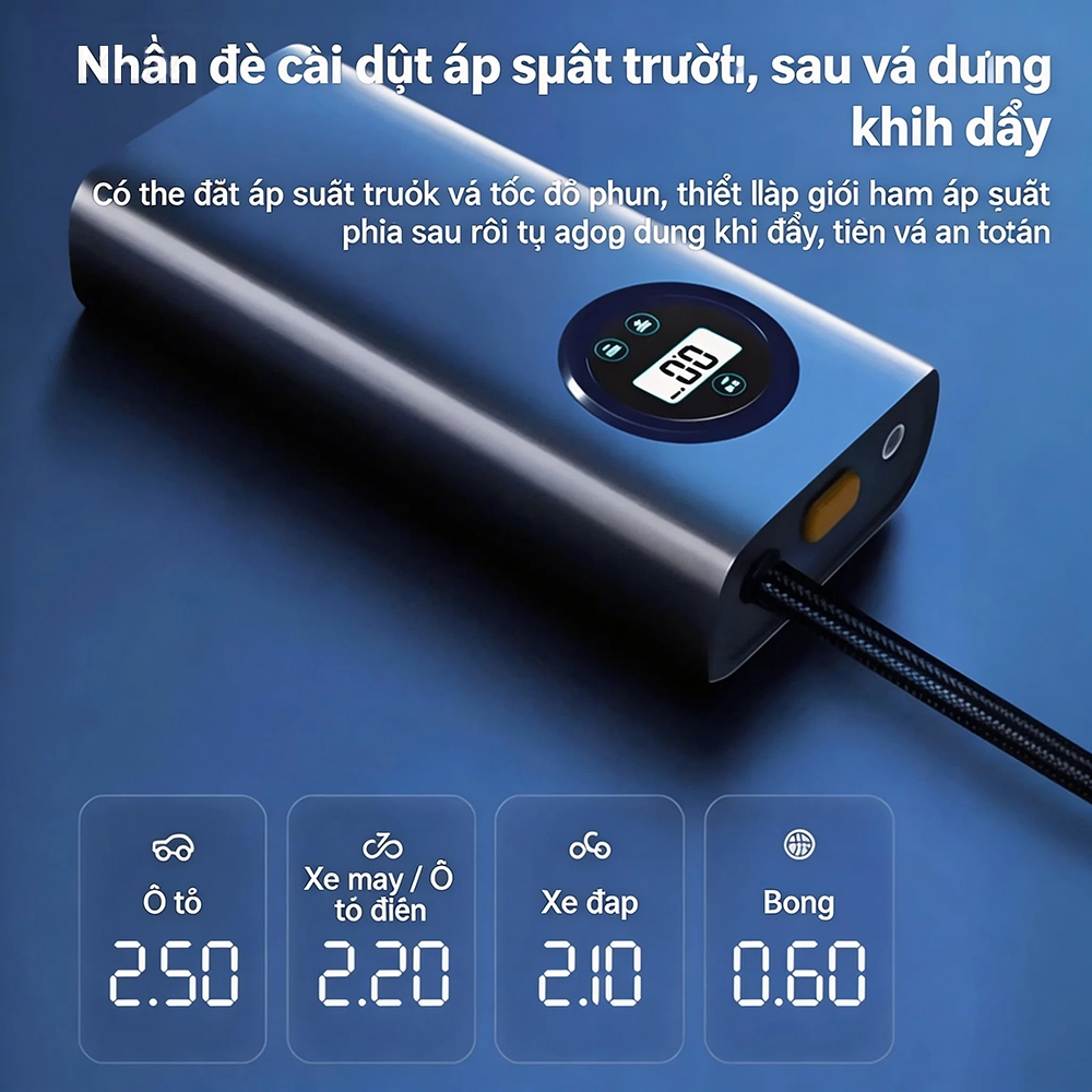 Máy Bơm Lốp Ô Tô Điện Mini Bruboses | Bơm Nhanh 20L/phút | Màn Hình LED | Tự Động Ngắt | Dùng Cho Ô Tô, Xe Máy