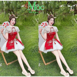 Set váy ngắn, set nữ diện Tết, áo thêu hoa đính nút tàu chạy viền xẻ tay phối Ren lưới kèm váy ngắn