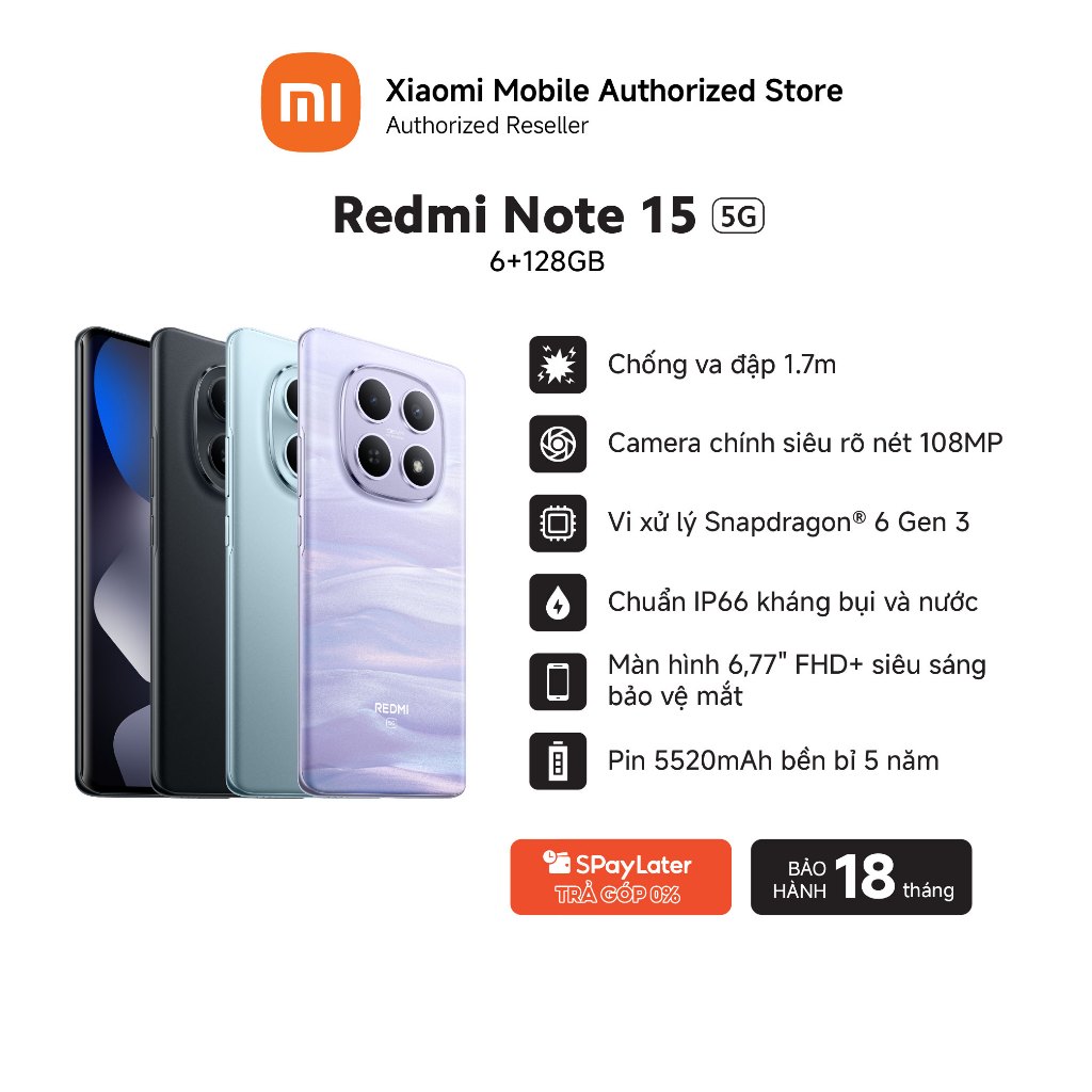 Điện thoại Redmi Note 15 5G (6+128GB) | Màn hình 6,77" FHD+ | Snapdragon® 6 Gen 3 | Camera nét 108MP | BigBuy360 - bigbuy360.vn