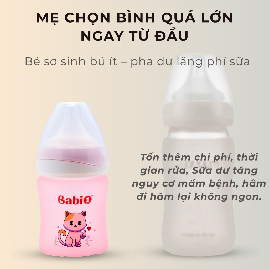 Bình Sữa Thủy Tinh Babi1 120ml Cảm Biến Nhiệt Chống Sặc Cho Bé Sơ Sinh - Phiên Bản 2026 (Chống Vỡ)