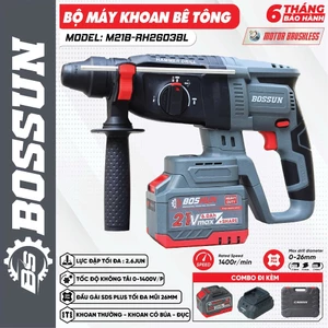 Máy khoan đục bê tông pin BS BOSSUN M21B-RH2603B, 3 Chức năng Lực đập 2.6jun - Motor Không chổi than