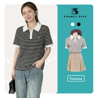 Áo Phông Nữ Kẻ Sọc Tay Ngắn Phối Cổ Polo – Freesize Kẻ Đen Trắng Trẻ Trung, Năng Động | Twentyfive Fashion - 4730