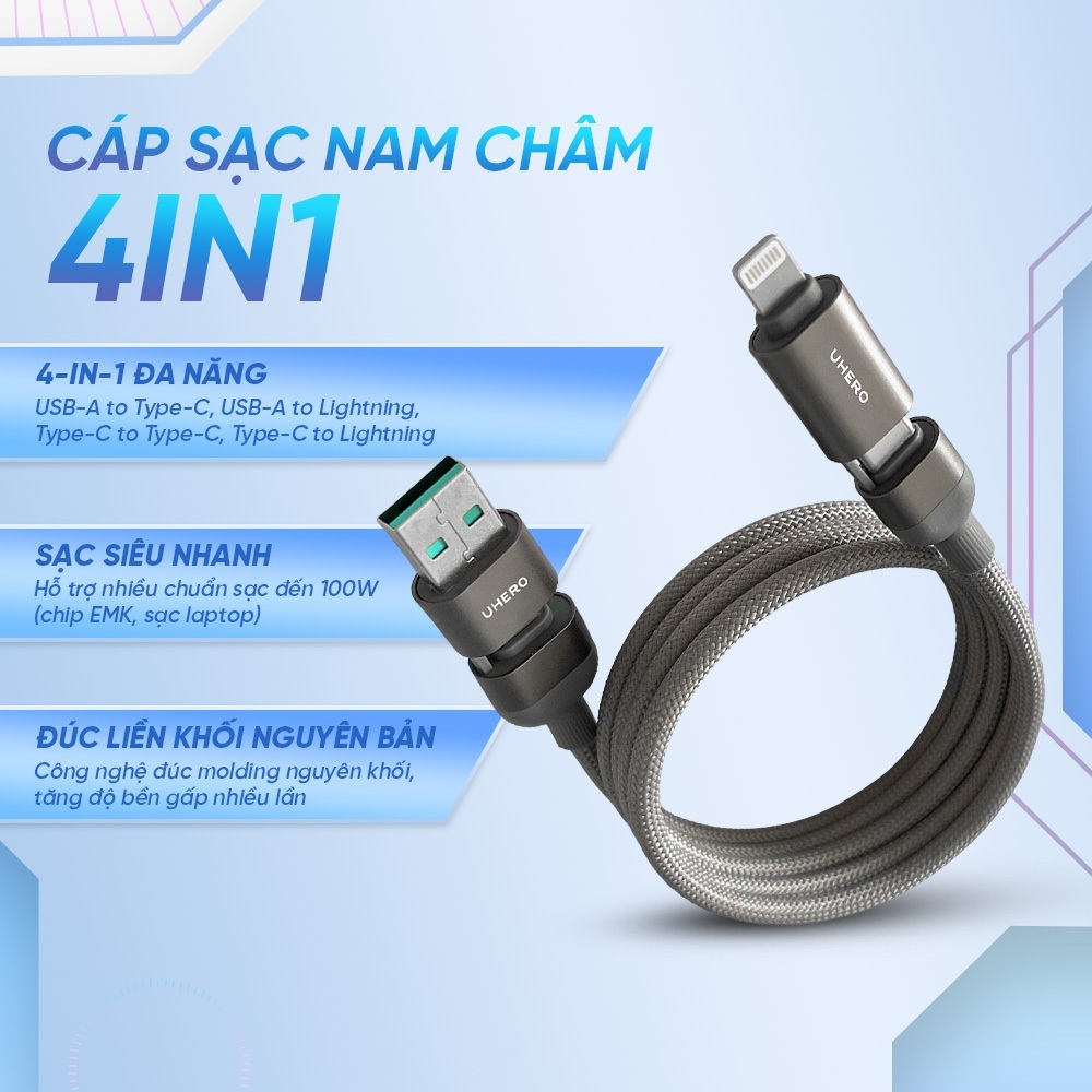 Cáp sạc nhanh 100W từ tính 4in1 chính hãng UHERO, dây sạc nhanh đa năng chuyển đổi 4 đầu sạc dành cho smartphone