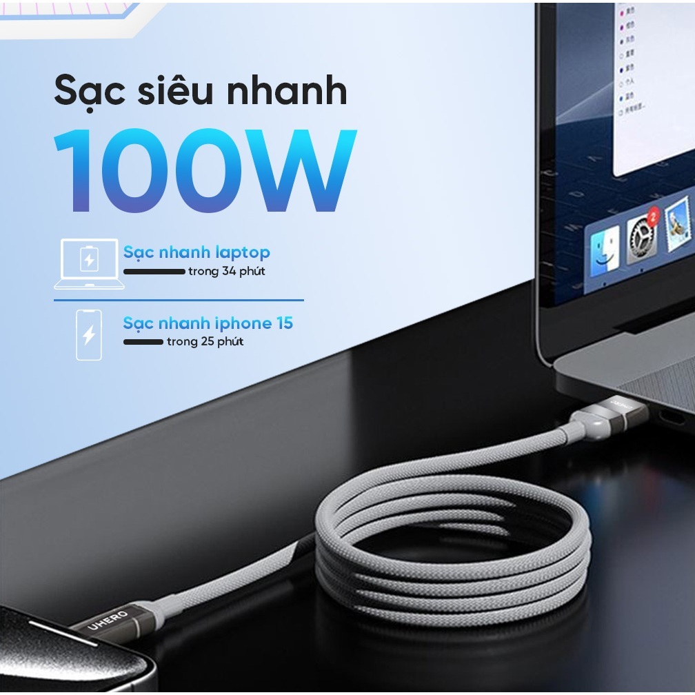 Cáp sạc nhanh 100W từ tính 4in1 chính hãng UHERO, dây sạc nhanh đa năng chuyển đổi 4 đầu sạc dành cho smartphone