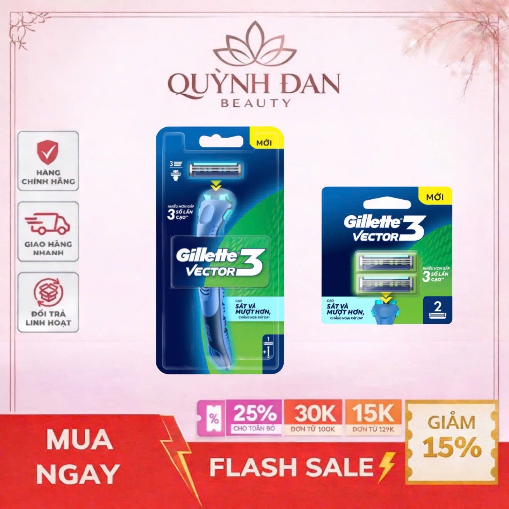 Dao Cạo Râu GILLETTE VECTOR 3 - Cạo Sát, Êm Mượt, Tối Ưu Mọi Chuyển Động