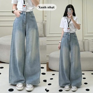 Quần Jeans Nữ Ống Rộng Xanh Đậm Cạp Cao Tôn Dáng, Viền Chỉ Nổi Cá Tính
