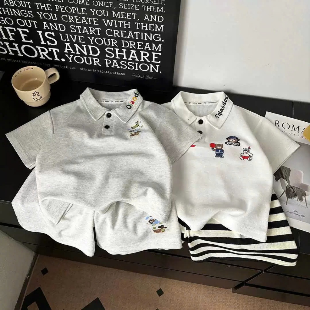 (HÀNG QCCC) Bộ quần áo QC họa tiết thêu GẤU , CÚN ,chất liệu POLO mềm mại ,thoáng mát cho bé  đi chơi chơi size 9-26kg