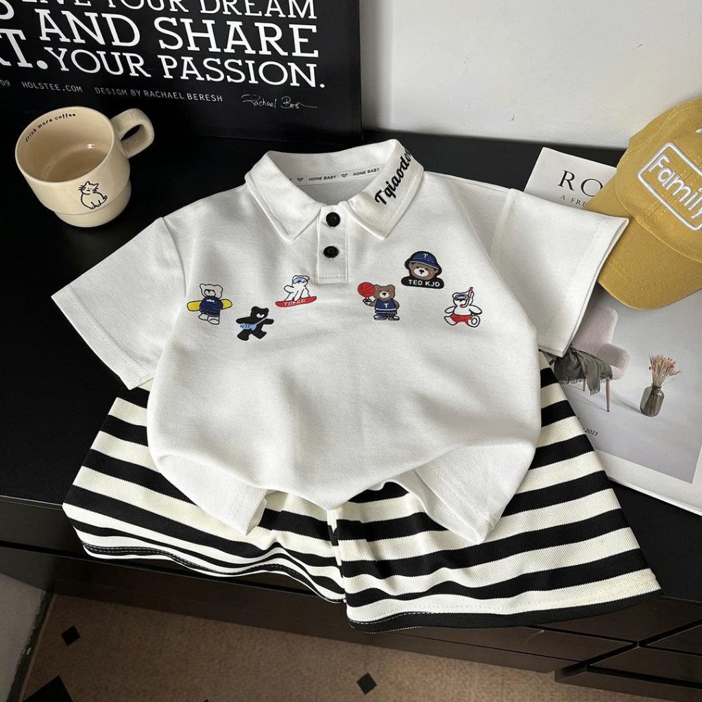 (HÀNG QCCC) Bộ quần áo QC họa tiết thêu GẤU , CÚN ,chất liệu POLO mềm mại ,thoáng mát cho bé  đi chơi chơi size 9-26kg